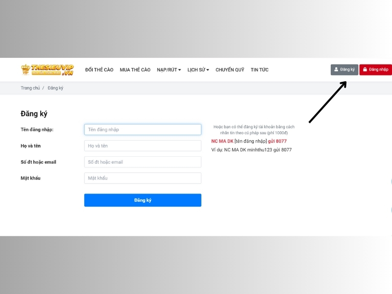 Bạn cần đăng ký tài khoản trước khi tiến hành đổi thẻ Vinaphone thành tiền mặt trên Thesieuvip.vn